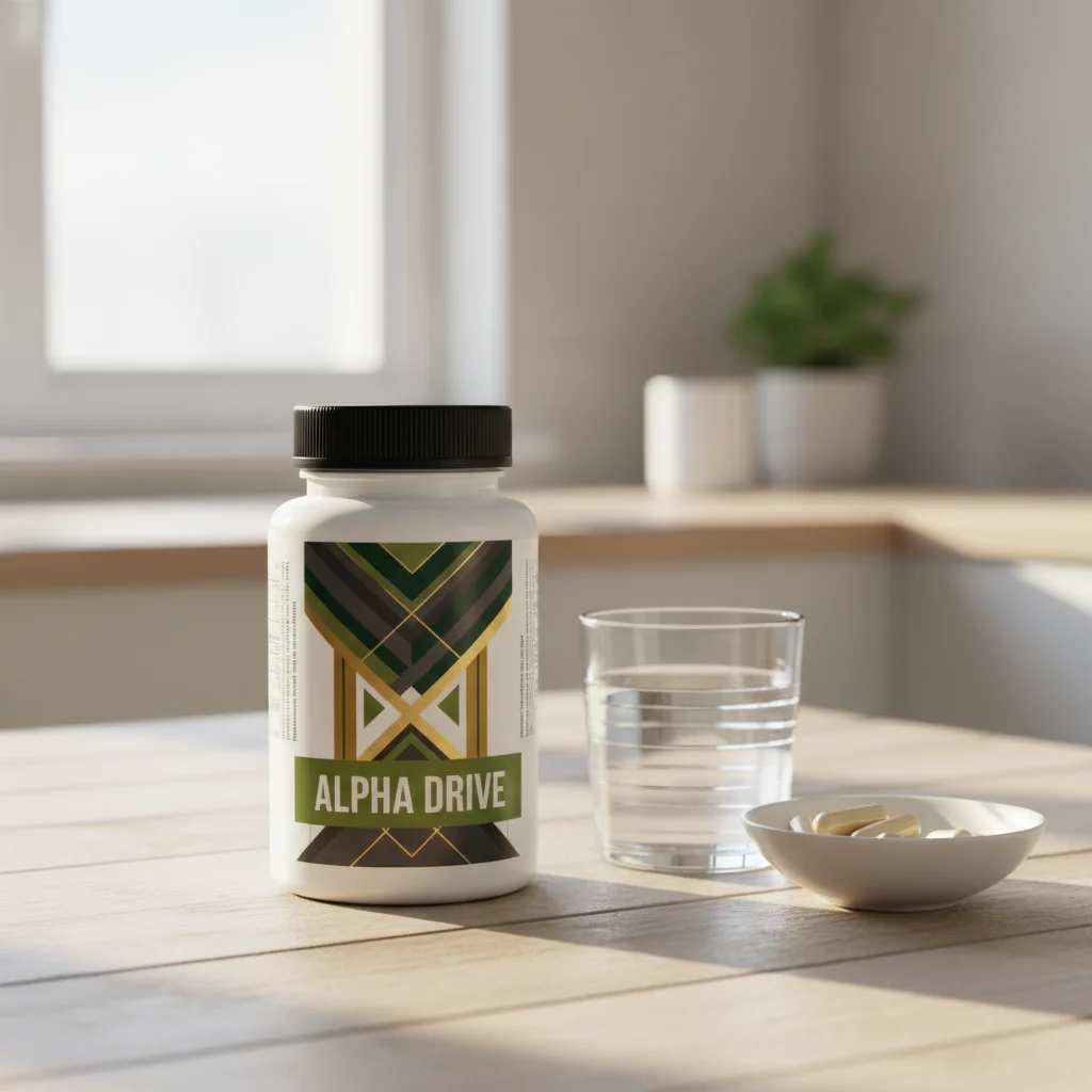 Alpha Drive supplement bottle with capsules on a light wood surface